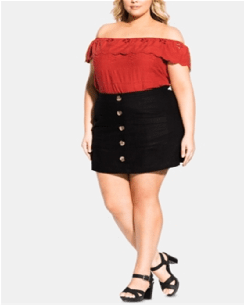 Front of a model wearing a size XS City Chic Women's Plus Linen Mini Skirt Black Size XS in Black by City Chic. | dia_product_style_image_id:310698
